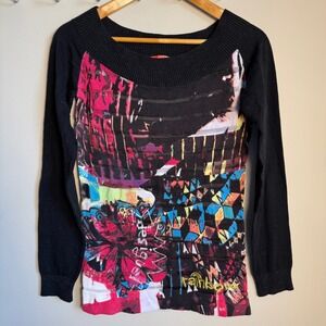 Desigual Women's Long Sleeve Sweater Top Abstract Art Size‎ Large Dolman Sleeve